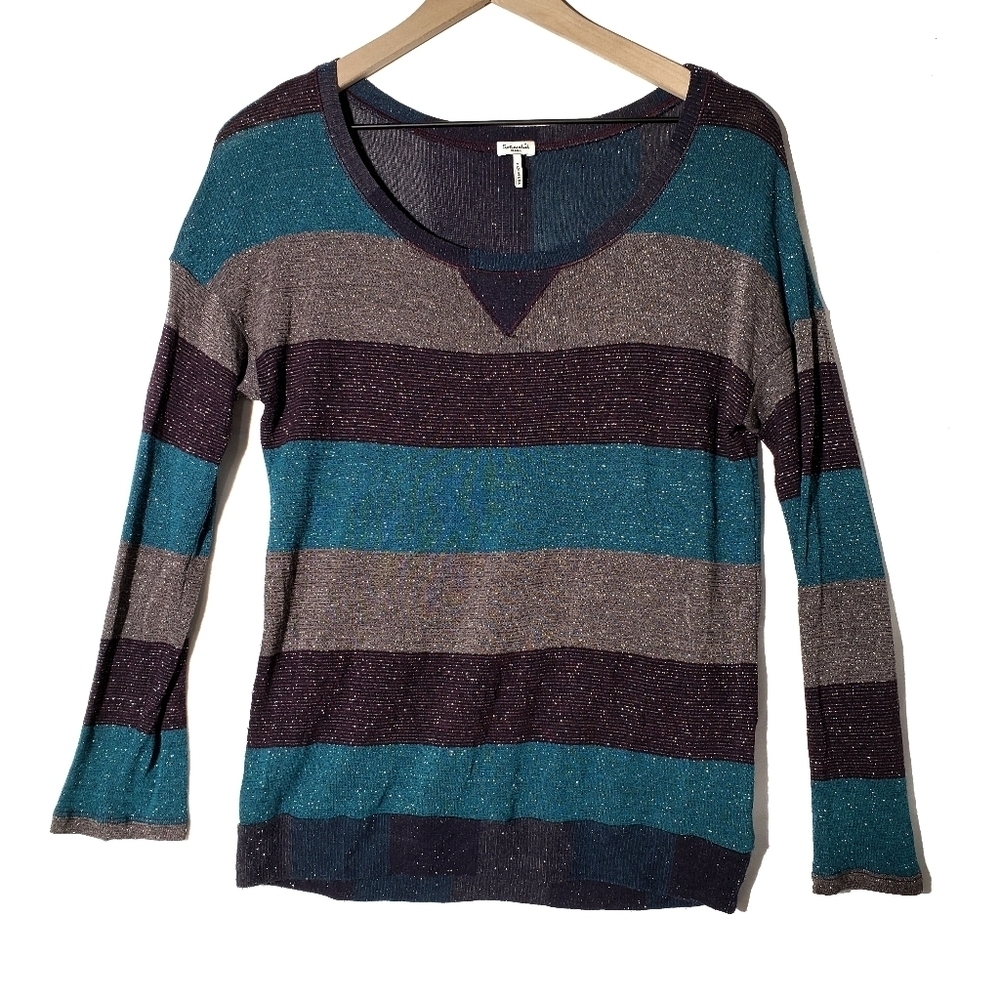 Splendid Metallic Stripe Top S Teal Purple Grey Long Sleeve Tee